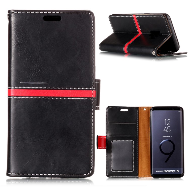 Graceful Series Stitching Leather Wallet Case for Samsung Galaxy S9 SM-G960 - Black-1