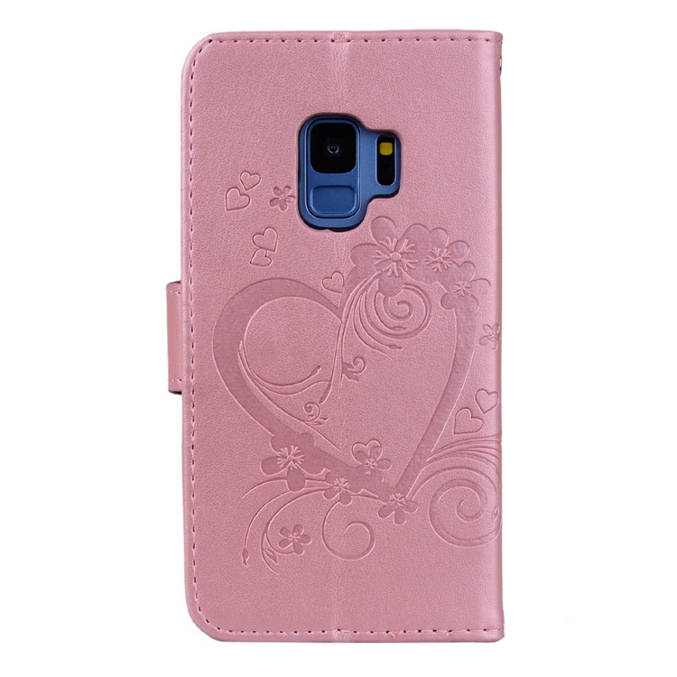 Imprinted Loving Heart Leather Wallet Shell for Samsung Galaxy S9 G960 - Pink-2