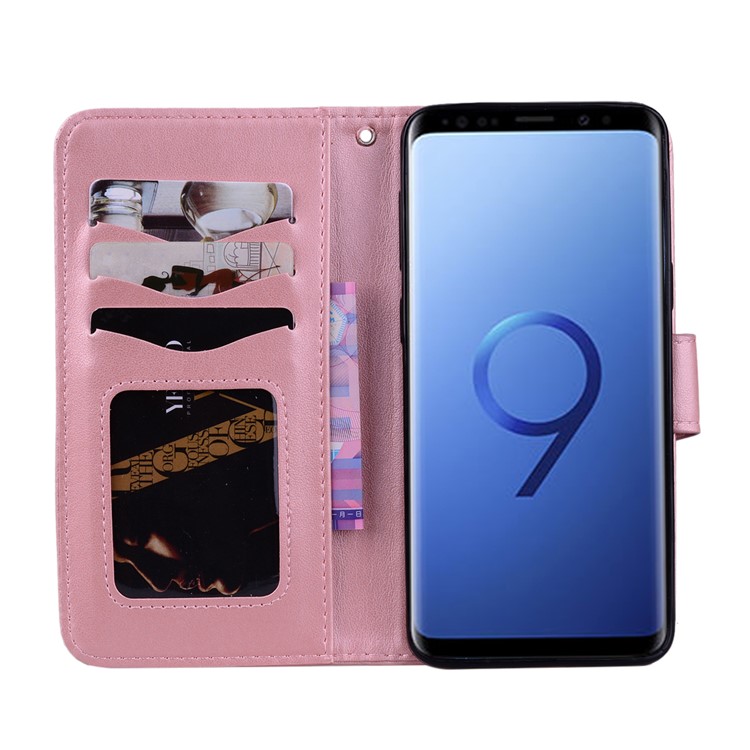 Imprinted Loving Heart Leather Wallet Shell for Samsung Galaxy S9 G960 - Pink-5