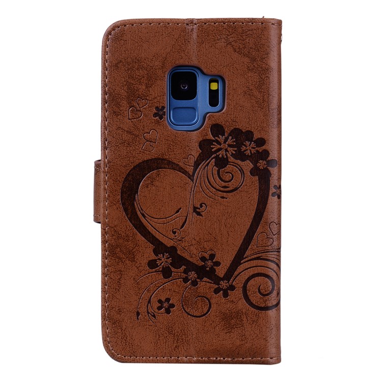 Imprinted Loving Heart Leather Wallet Phone Cover for Samsung Galaxy S9 G960 - Brown-2