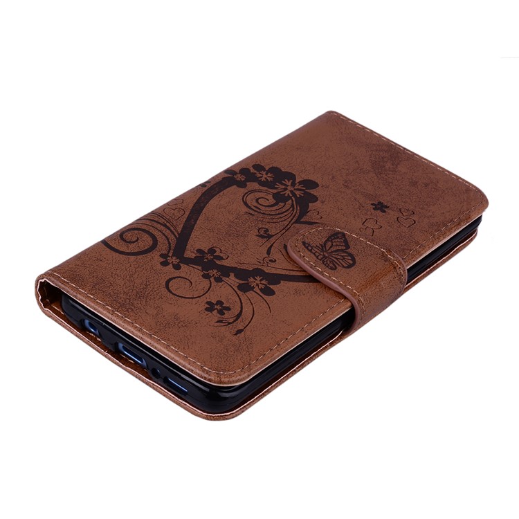 Imprinted Loving Heart Leather Wallet Phone Cover for Samsung Galaxy S9 G960 - Brown-3