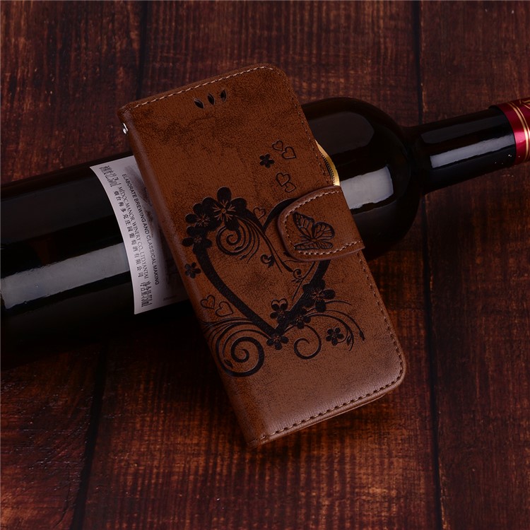 Imprinted Loving Heart Leather Wallet Phone Cover for Samsung Galaxy S9 G960 - Brown-6