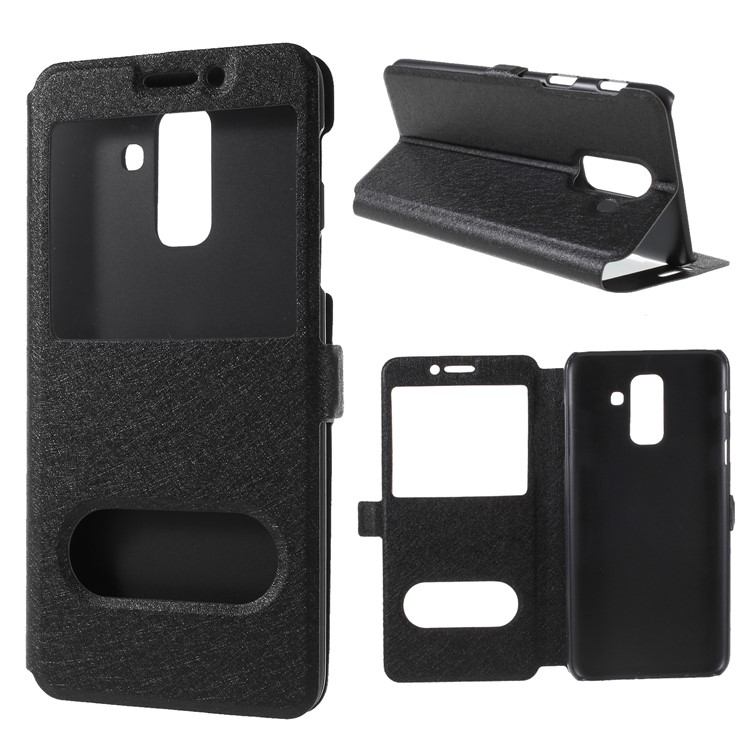 Silk Texture Dual Windows Leather Stand Case for Samsung Galaxy A6+ (2018) - Black-1