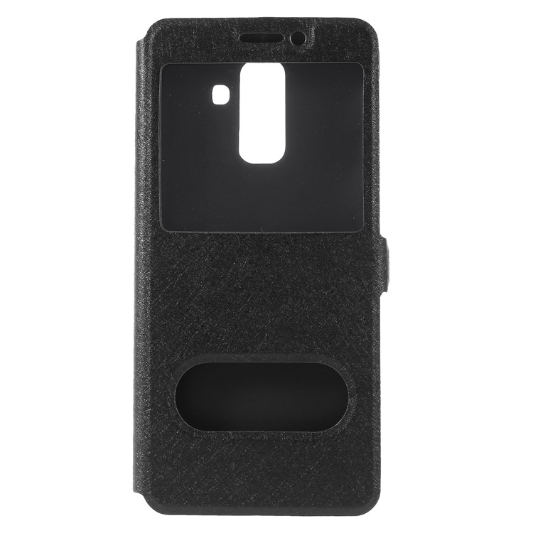 Silk Texture Dual Windows Leather Stand Case for Samsung Galaxy A6+ (2018) - Black-3