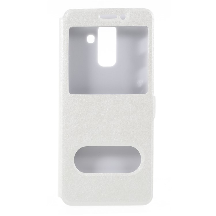 Silk Texture Dual Windows Leather Stand Mobile Phone Casing for Samsung Galaxy A6 Plus (2018) / A9 Star Lite - White-1