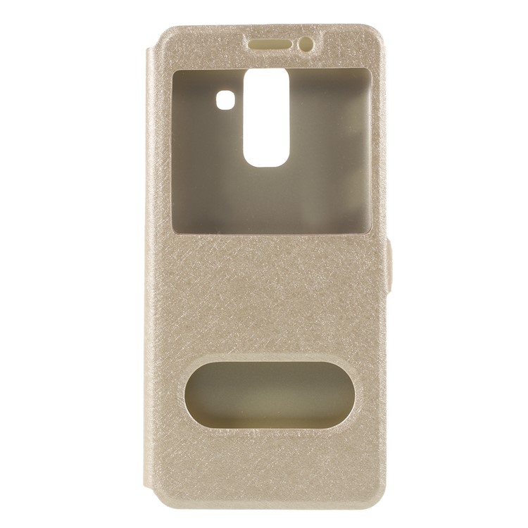 Silk Texture Dual Windows Leather Stand Folio Cover for Samsung Galaxy A6+ (2018) / A9 Star Lite - Gold-1