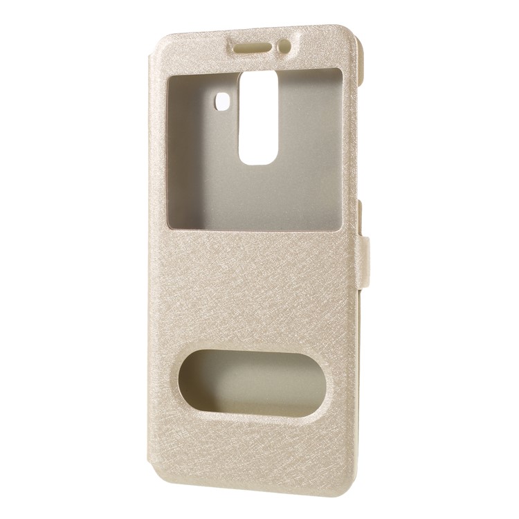 Silk Texture Dual Windows Leather Stand Folio Cover for Samsung Galaxy A6+ (2018) / A9 Star Lite - Gold-3