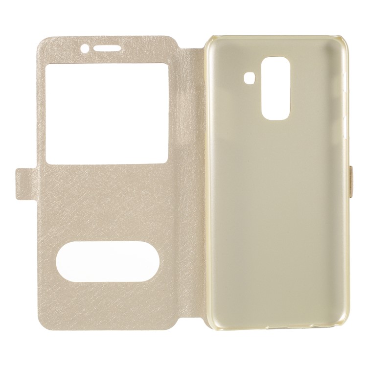 Silk Texture Dual Windows Leather Stand Folio Cover for Samsung Galaxy A6+ (2018) / A9 Star Lite - Gold-6