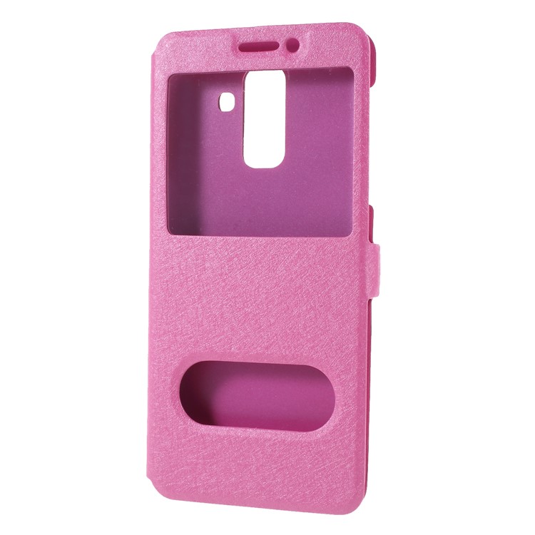 Silk Texture Dual Windows Leather Stand Folio Cellphone Protection Case Shell for Samsung Galaxy A6+ (2018) / A9 Star Lite - Rose-3