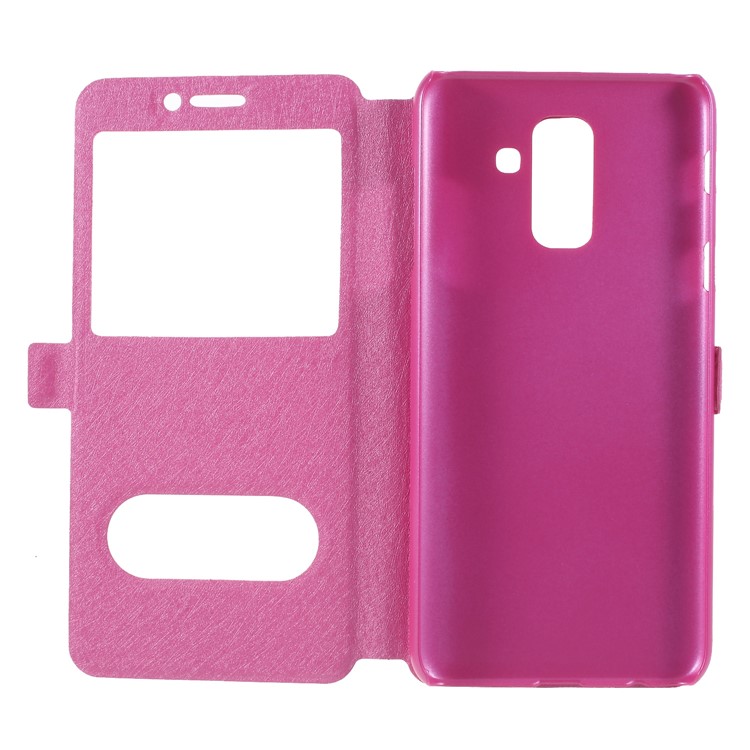 Silk Texture Dual Windows Leather Stand Folio Cellphone Protection Case Shell for Samsung Galaxy A6+ (2018) / A9 Star Lite - Rose-6