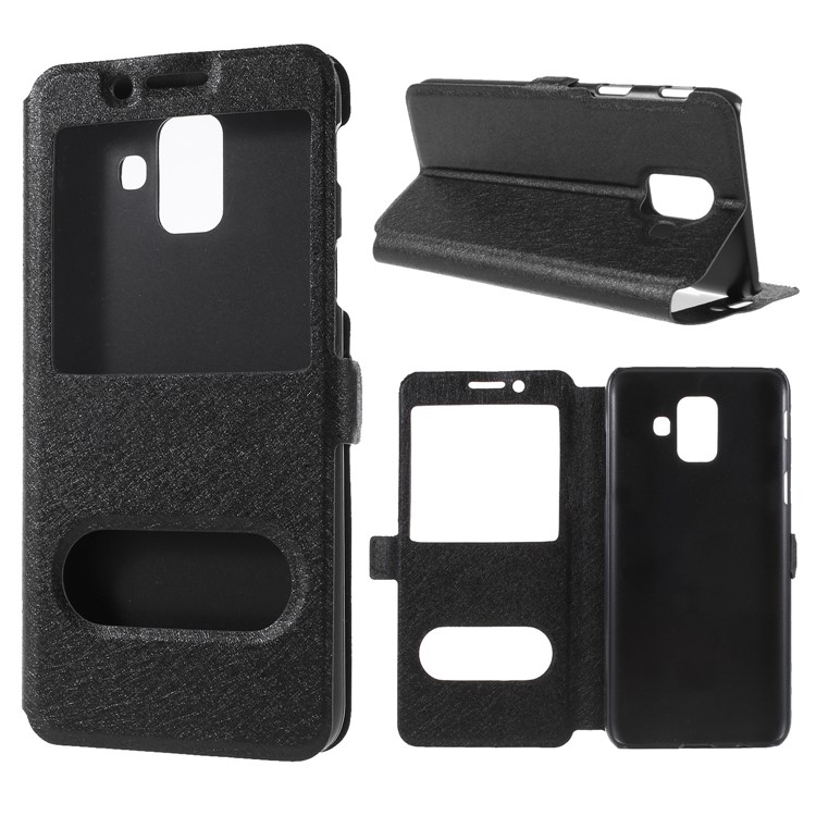 Silk Texture Dual Window PU Leather Case with Stand for Samsung Galaxy A6 (2018) - Black-1