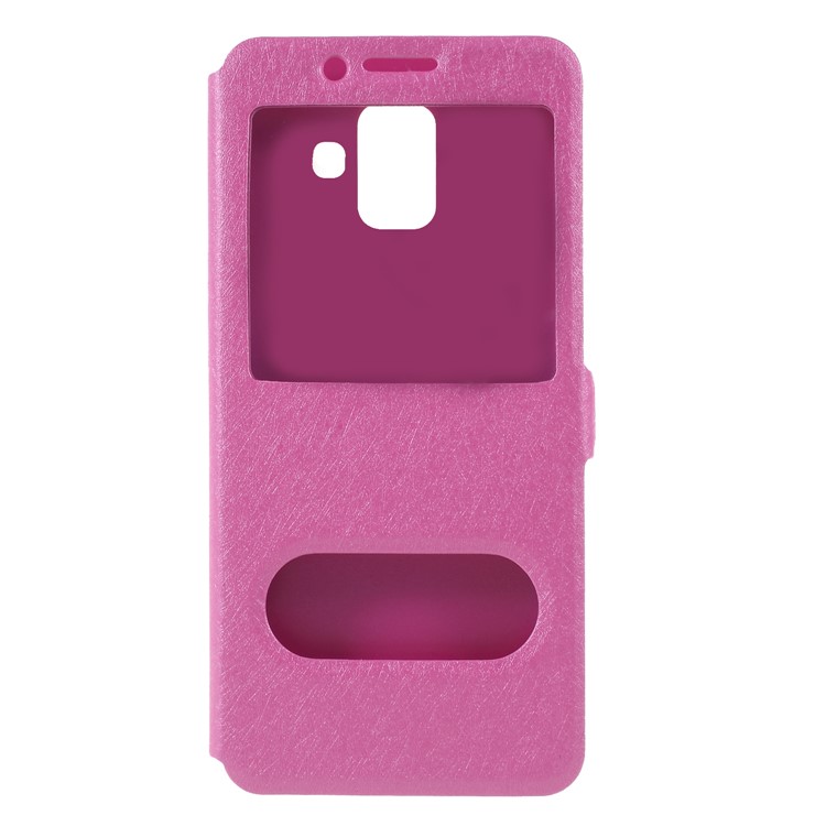 Silk Texture Dual Window PU Leather Phone Accessory Case with Stand for Samsung Galaxy A6 (2018) - Rose-1