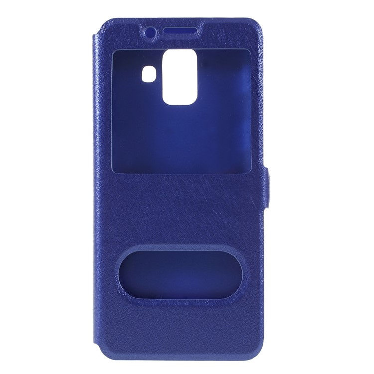 Silk Texture Dual Window PU Leather Phone Protection Cover with Stand for Samsung Galaxy A6 (2018) - Blue-1