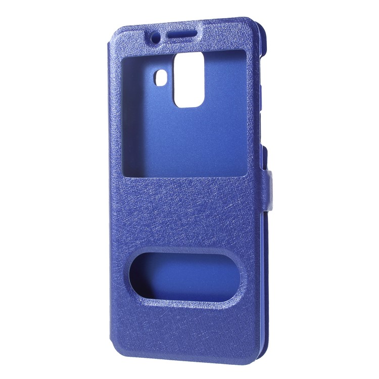 Silk Texture Dual Window PU Leather Phone Protection Cover with Stand for Samsung Galaxy A6 (2018) - Blue-3