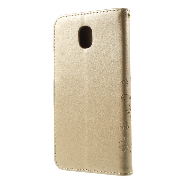 For Samsung Galaxy J7 (2018) J737 Imprint Flower Butterfly Pattern Wallet Stand Leather Protective Folio Case - Gold-2