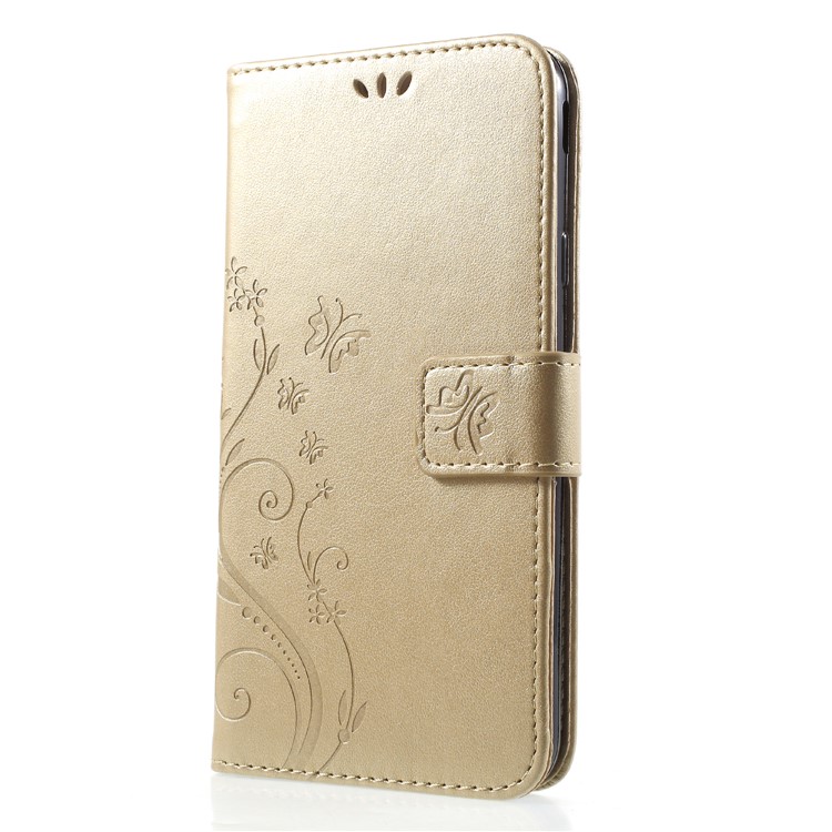 For Samsung Galaxy J7 (2018) J737 Imprint Flower Butterfly Pattern Wallet Stand Leather Protective Folio Case - Gold-3