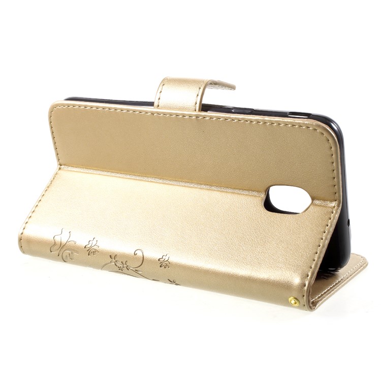 For Samsung Galaxy J7 (2018) J737 Imprint Flower Butterfly Pattern Wallet Stand Leather Protective Folio Case - Gold-4