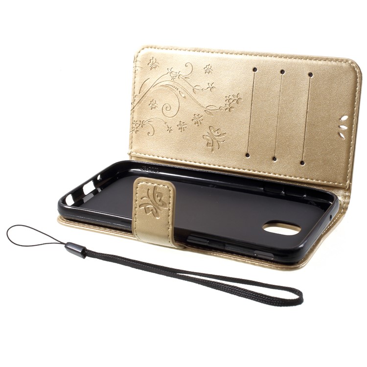 For Samsung Galaxy J7 (2018) J737 Imprint Flower Butterfly Pattern Wallet Stand Leather Protective Folio Case - Gold-5