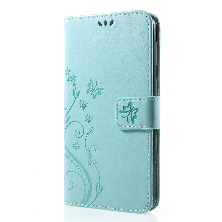 Imprint Flower Butterfly Pattern PU Leather Wallet Case for Samsung Galaxy J7 (2018) J737 - Cyan-3