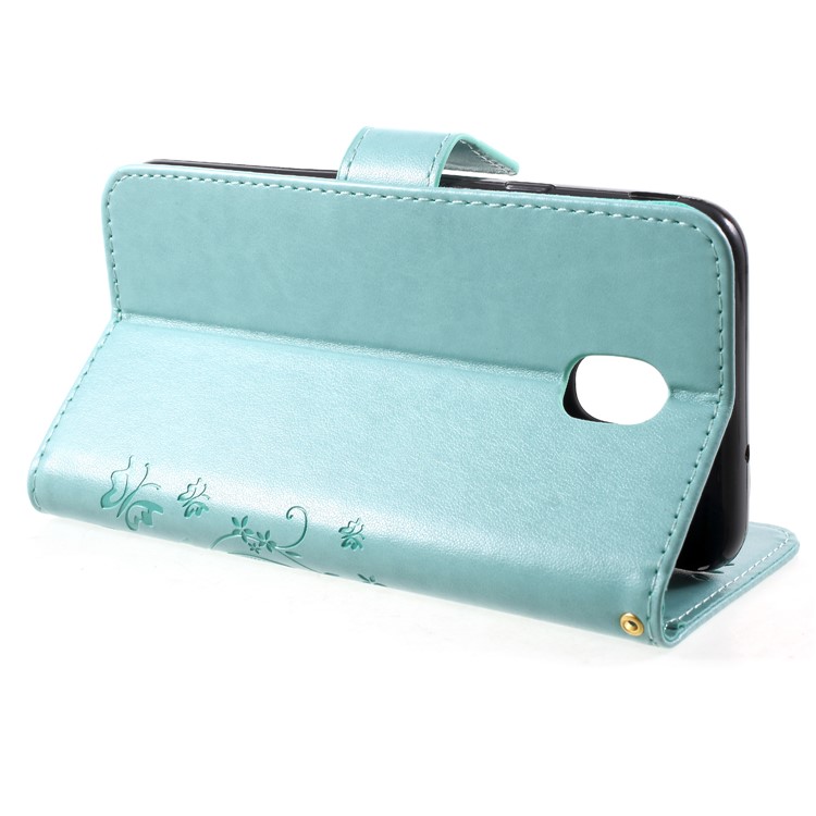 Imprint Flower Butterfly Pattern PU Leather Wallet Case for Samsung Galaxy J7 (2018) J737 - Cyan-4
