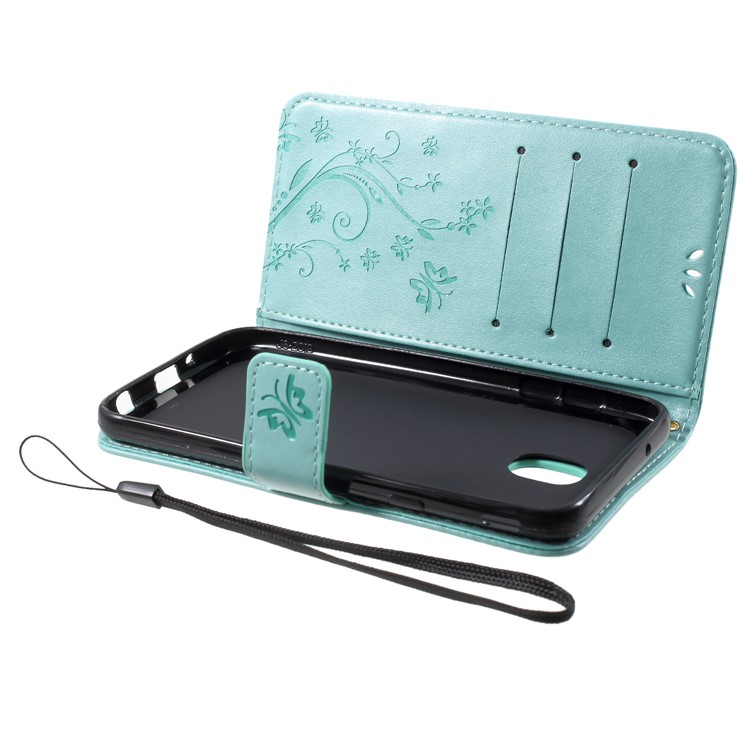 Imprint Flower Butterfly Pattern PU Leather Wallet Case for Samsung Galaxy J7 (2018) J737 - Cyan-5