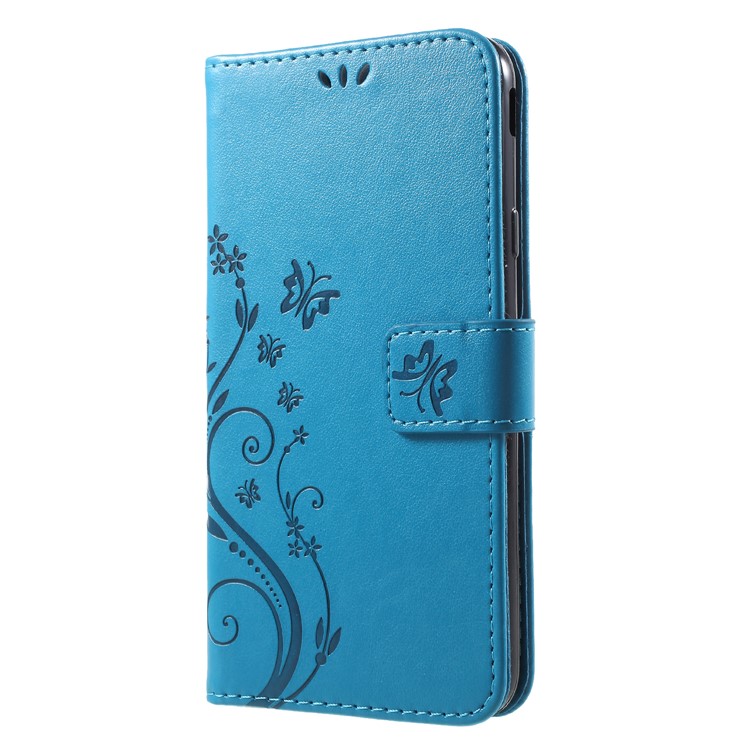 Imprint Flower Butterfly Pattern Wallet Leather Cover for Samsung Galaxy J7 (2018) J737 - Blue-3