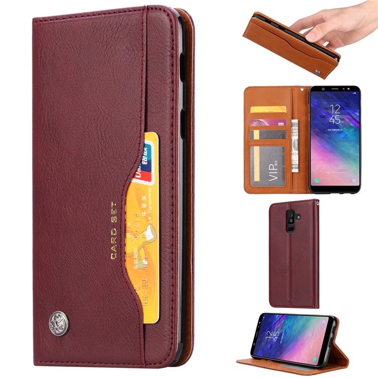 Auto-absorbed Leather Wallet Stand Flip Casing for Samsung Galaxy A6 Plus (2018) / A9 Star Lite - Wine Red-1
