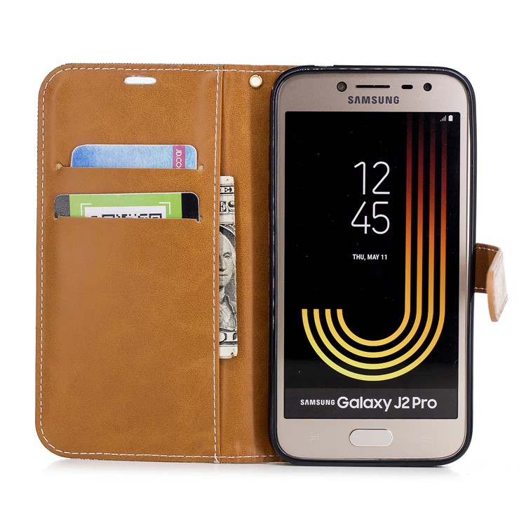 Jeans Cloth Texture Wallet Stand Leather Cover for Samsung Galaxy J2 Pro 2018 - Grey-8