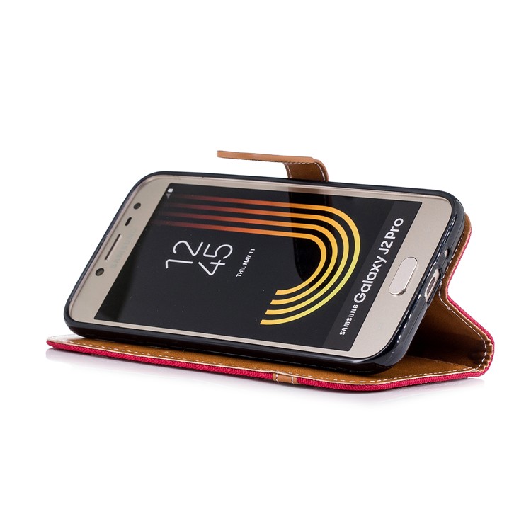 Jeans Cloth Texture Wallet Stand Leather Shell for Samsung Galaxy J2 Pro 2018 - Red-5