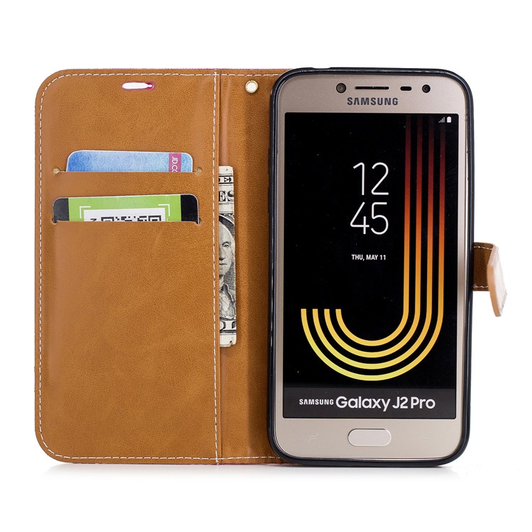 Jeans Cloth Texture Wallet Stand Leather Shell for Samsung Galaxy J2 Pro 2018 - Red-8