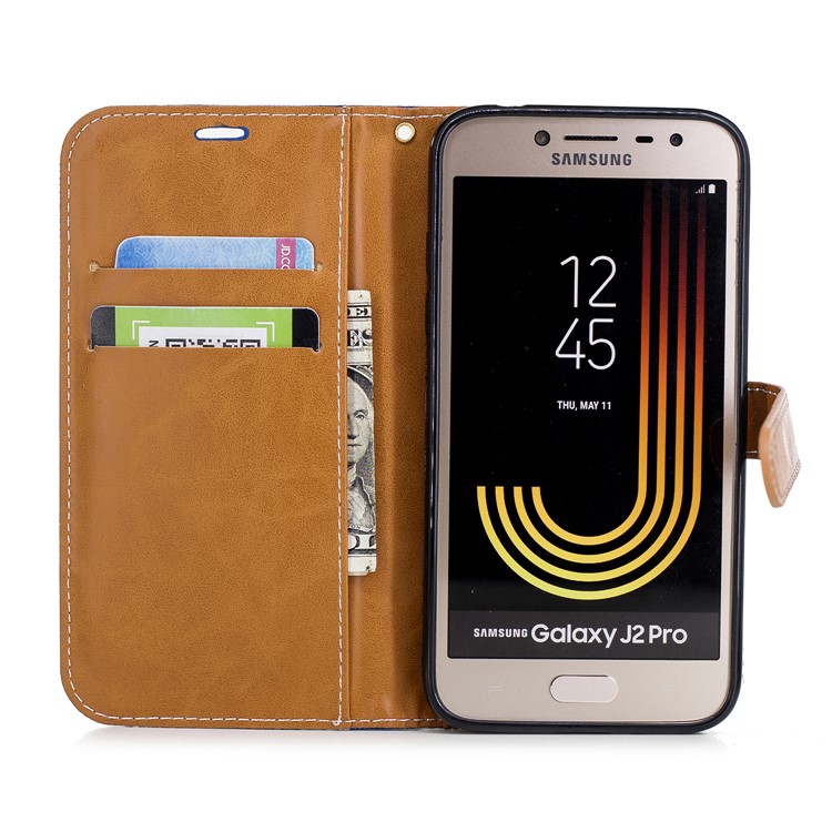 Jeans Cloth Texture Wallet Stand Leather Mobile Case for Samsung Galaxy J2 Pro 2018 - Baby Blue-8