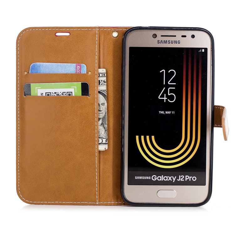 Jeans Cloth Texture Wallet Stand Leather Mobile Case for Samsung Galaxy J2 Pro 2018 - Baby Blue-9