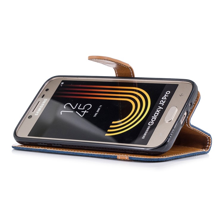 Jeans Cloth Texture Wallet Stand Leather Mobile Cover for Samsung Galaxy J2 Pro 2018 - Dark Blue-5