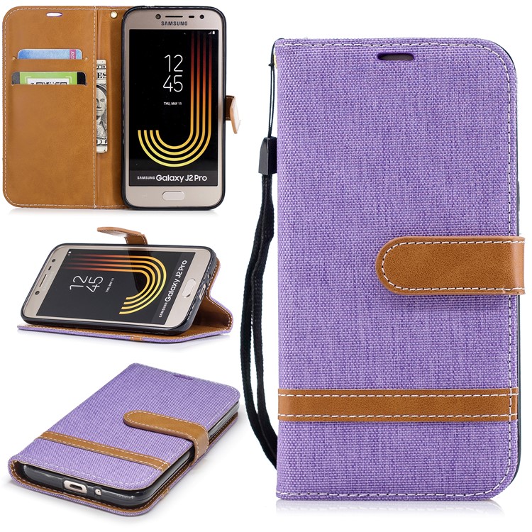 Jeans Cloth Texture Wallet Stand Leather Mobile Shell for Samsung Galaxy J2 Pro 2018 - Purple-1
