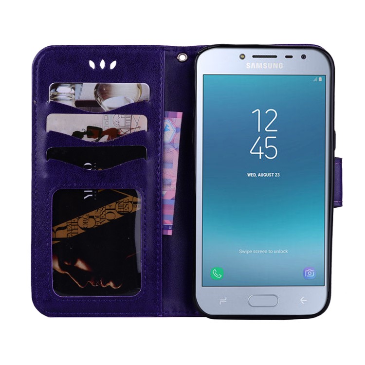 Imprint Heart Flower Leather Stand Case with Card Slots for Samsung Galaxy J2 Pro 2018 - Purple-5