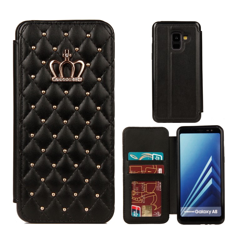 Stitching Rhombus Crown Leather Stand Case with Card Slots for Samsung Galaxy A8 (2018) - Black-1