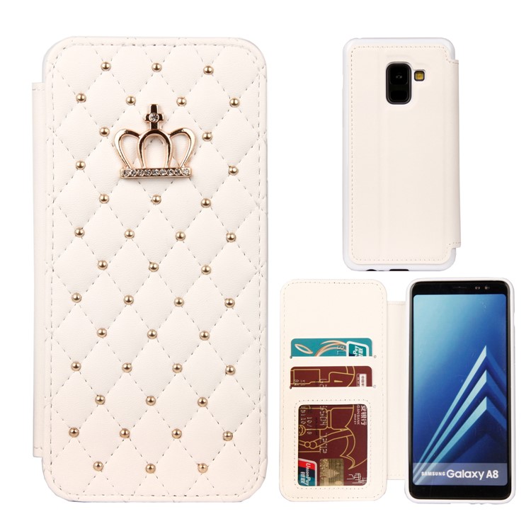 Stitching Rhombus Crown Leather Stand Cover with Card Slots for Samsung Galaxy A8 (2018) - White-1