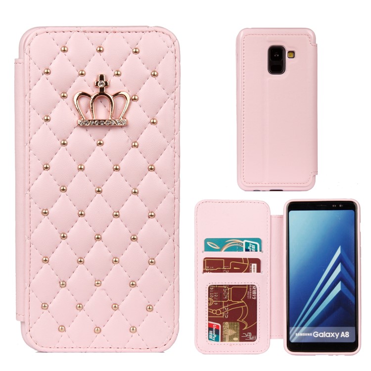 Stitching Rhombus Crown PU Leather Card Holder Shell for Samsung Galaxy A8 (2018) - Pink-1