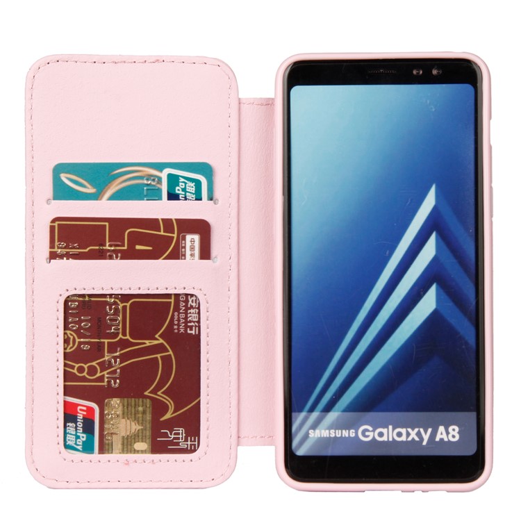 Nähte Rhombus Crown PU Leder Kartenhalterschale Für Samsung Galaxy A8 (2018) - Rosa-4