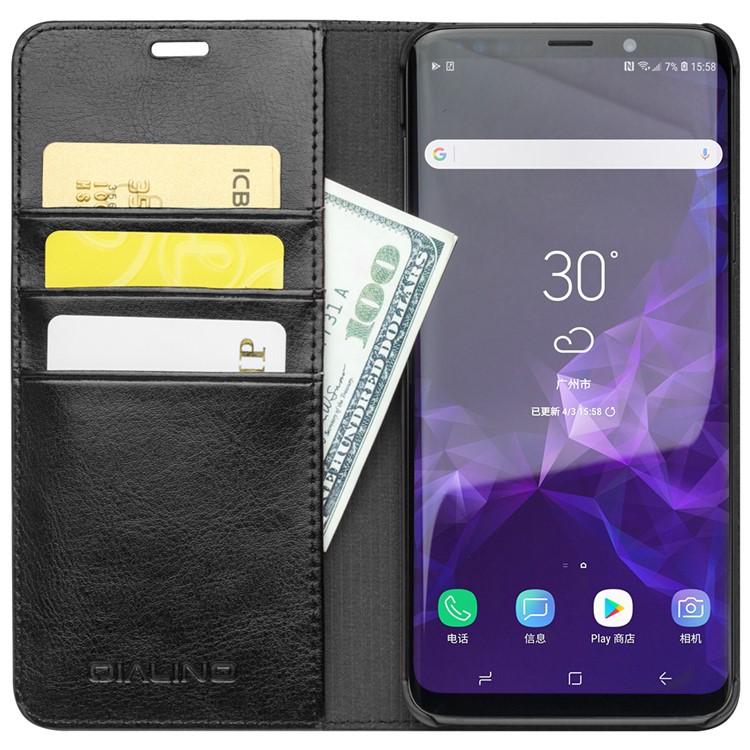 QIALINO Genuine Cowhide Leather Mobile Phone Case for Samsung Galaxy S9 SM-G960 - Black-3
