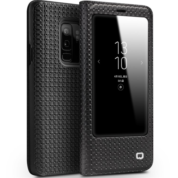 QIALINO View Window Smart Genuine Cowhide Leather Case for Samsung Galaxy S9+ G965 - Grid Texture / Black-1