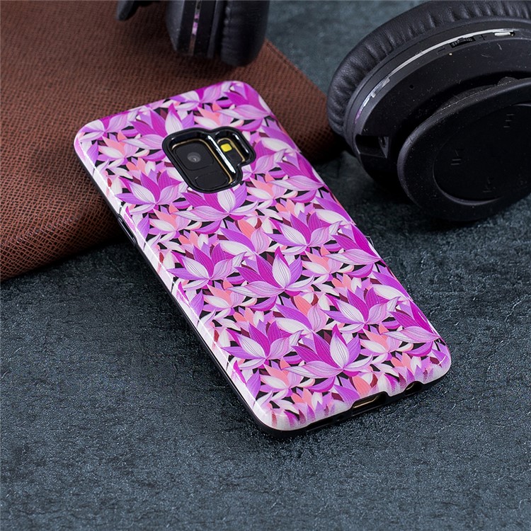 Cáscara Híbrida Grabada En Relieve De La Caja Del Teléfono Móvil De La PC TPU Del Patrón Para La Galaxia S9 SM-G960 De Samsung - Flor Purpura-4