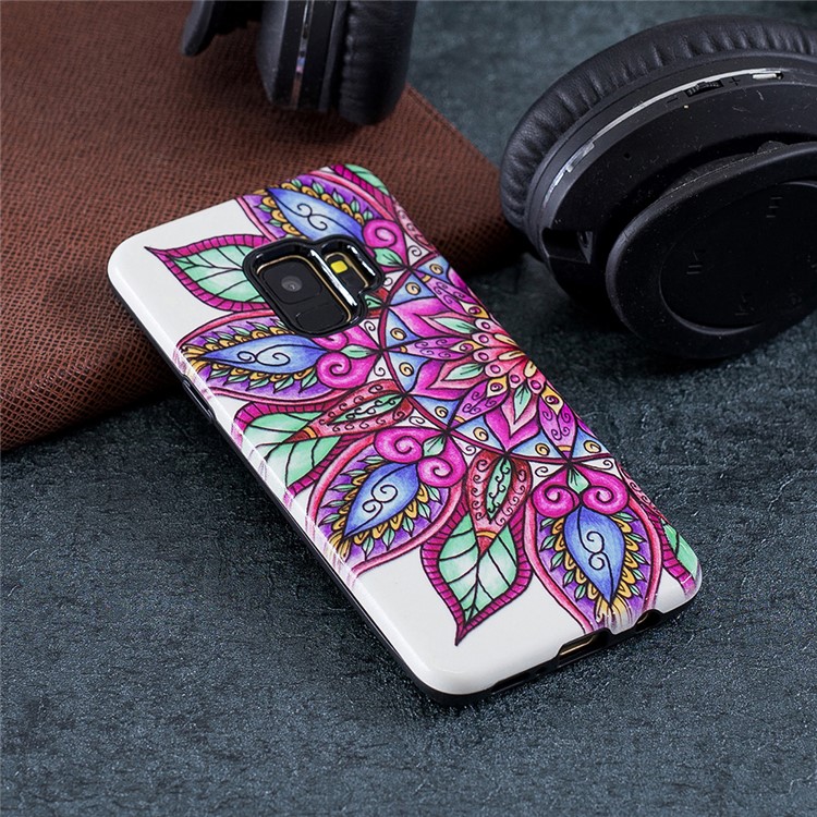 Rubberized Embossed Pattern PC TPU Hybrid Cellphone Case Cover for Samsung Galaxy S9 SM-G960 - Lotus-4