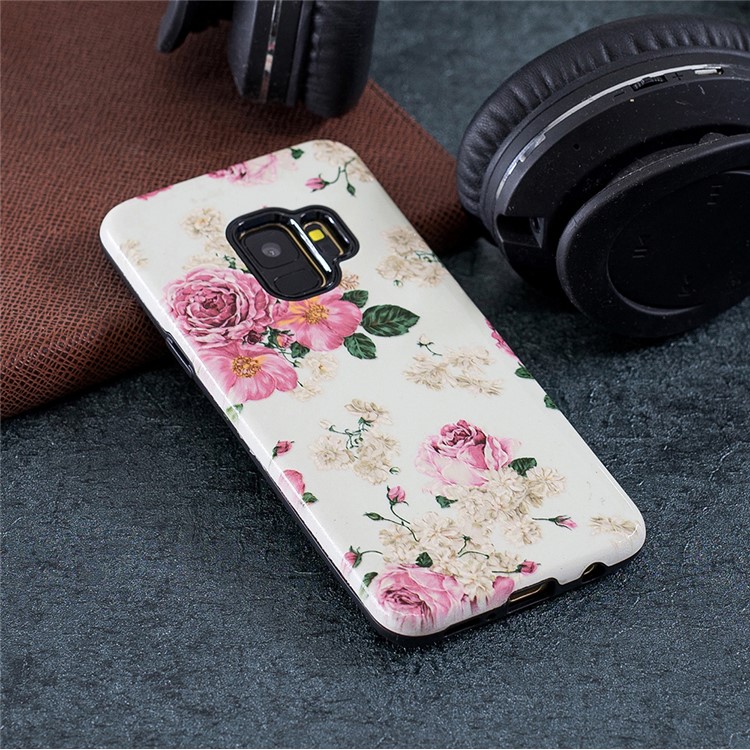 Rubberized Embossed Pattern PC TPU Hybrid Cellphone Accessory Cover for Samsung Galaxy S9 SM-G960 - Pink Peony-4