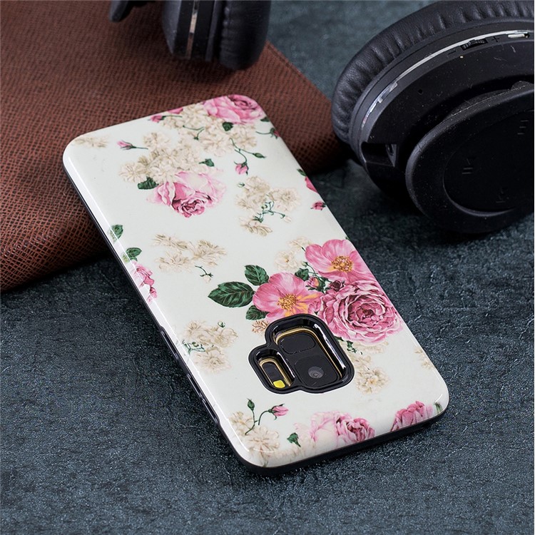 Rubberized Embossed Pattern PC TPU Hybrid Cellphone Accessory Cover for Samsung Galaxy S9 SM-G960 - Pink Peony-5