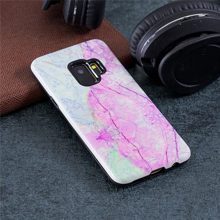 Rubberized Embossed Pattern PC TPU Hybrid Phone Protection Casing for Samsung Galaxy S9 SM-G960 - Pink Marble Pattern-4