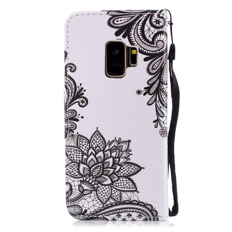 Pattern Printing Leather Wallet Case for Samsung Galaxy S9 SM-G960 - Black Flowers-3