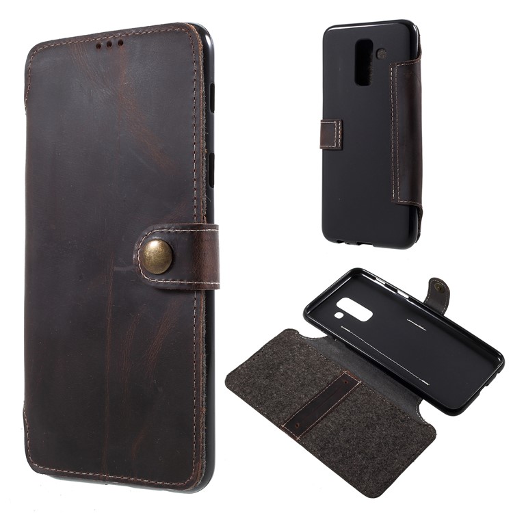 Genuine Leather Wallet Phone Cover for Samsung Galaxy A6+ (2018) - Black-1