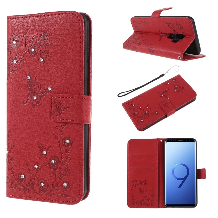 Imprinted Butterfly Flowers Rhinestone Leather Wallet Case for Samsung Galaxy S9+ SM-G965 - Red-1