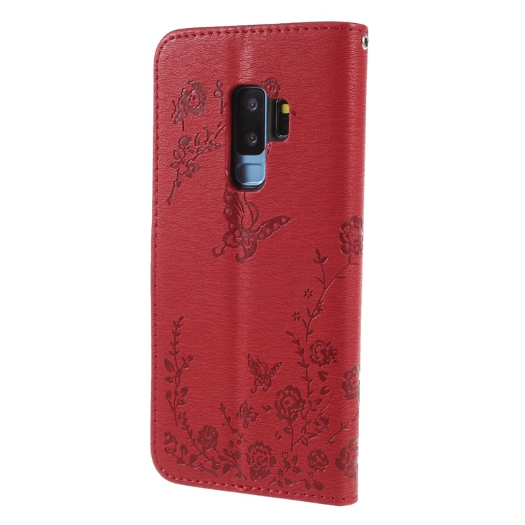 Imprinted Butterfly Flowers Rhinestone Leather Wallet Case for Samsung Galaxy S9+ SM-G965 - Red-2